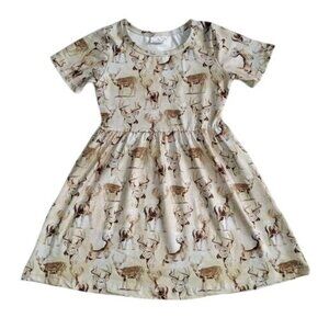 Girls 4T Beige & Brown Deer Print Short Sleeve Cotton Blend Dress